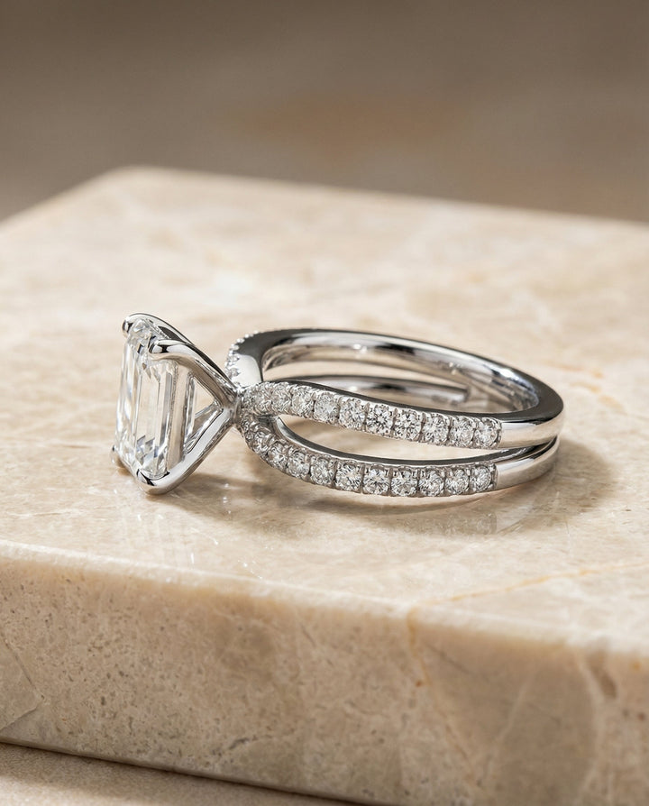 The Carole Select Two Row Pave Split Shank Emerald Cut Solitaire Engagement Ring with Lab Diamond in 18K White Gold — view 6