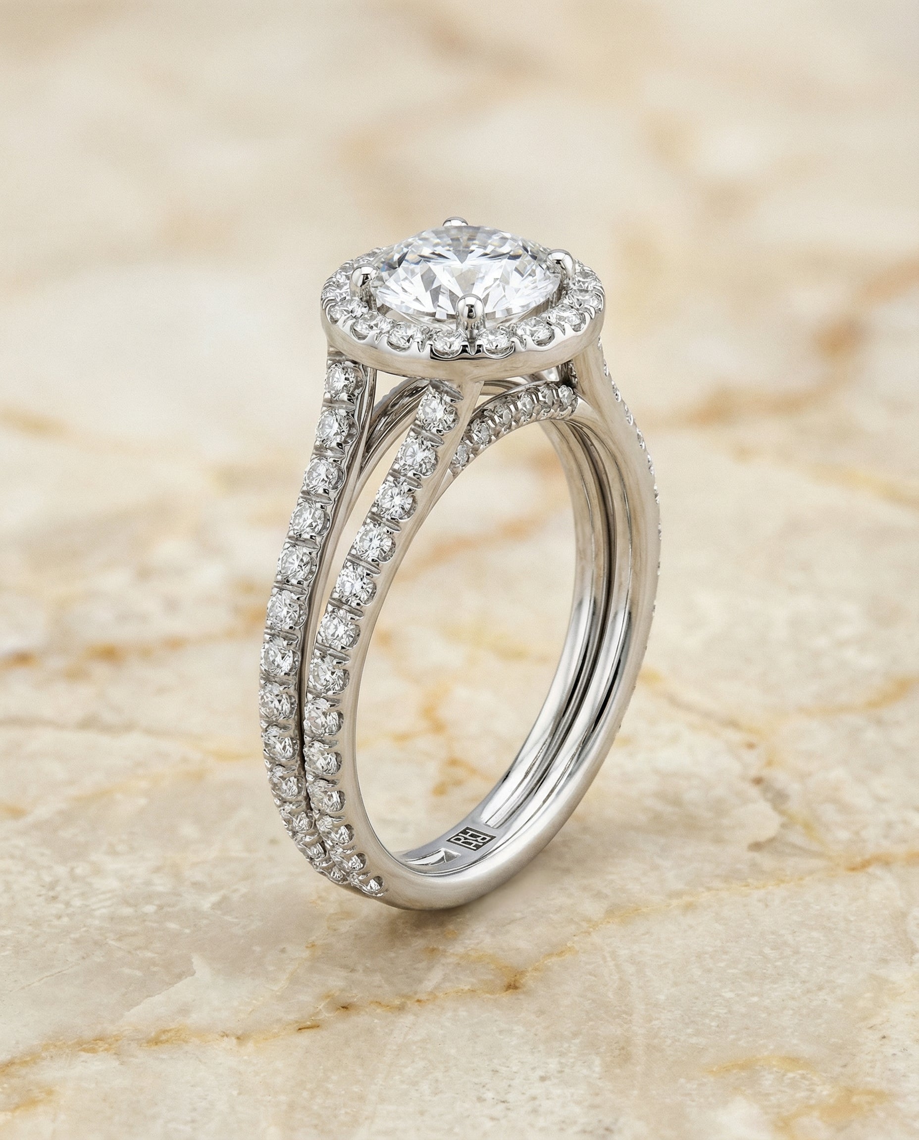Celine Select Pav Halo Split Shank Round Lab Diamond Engagement Ring in Platinum, alternate angle | RockHer