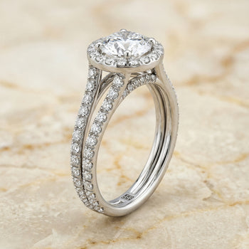 The Celine Two Row Pavé Split Shank Halo Round Engagement Ring Setting in Platinum