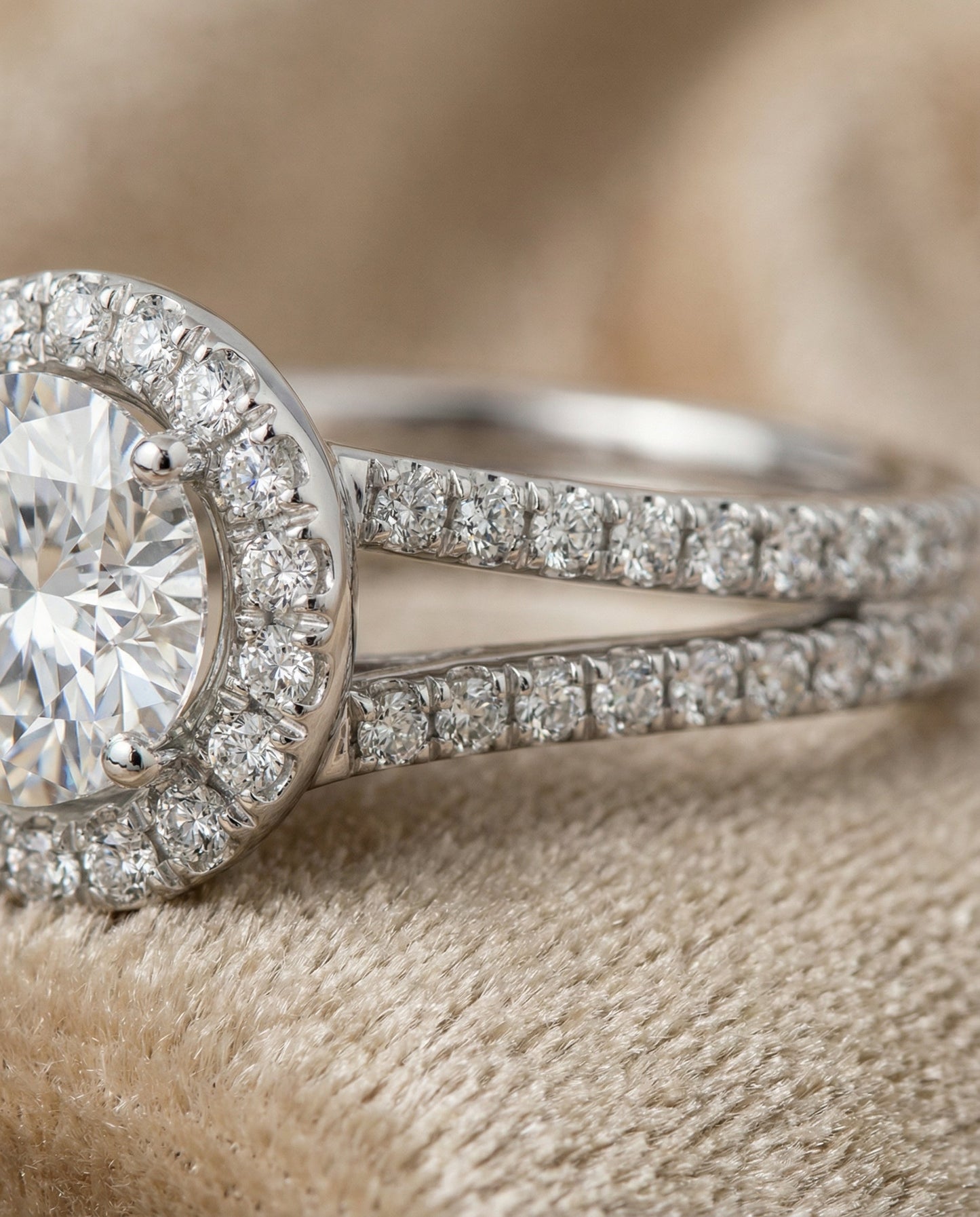 The Celine Select Pavé Halo Split Shank Solitaire Engagement Ring with Lab Diamond in 18K White Gold — view 4