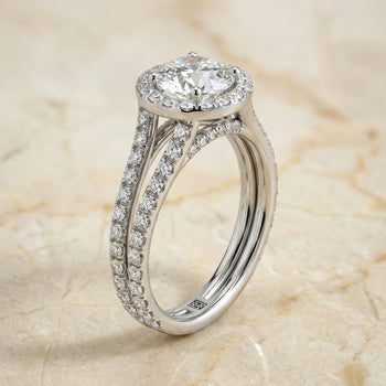 The Celine Two Row Pavé Split Shank Halo Round Engagement Ring Setting in 18K White Gold