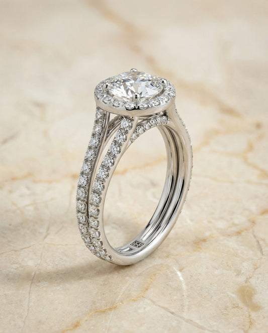 Round Brilliant, Two Row Pavé Split Shank Halo, in Platinum, pave setting – front view | RockHer