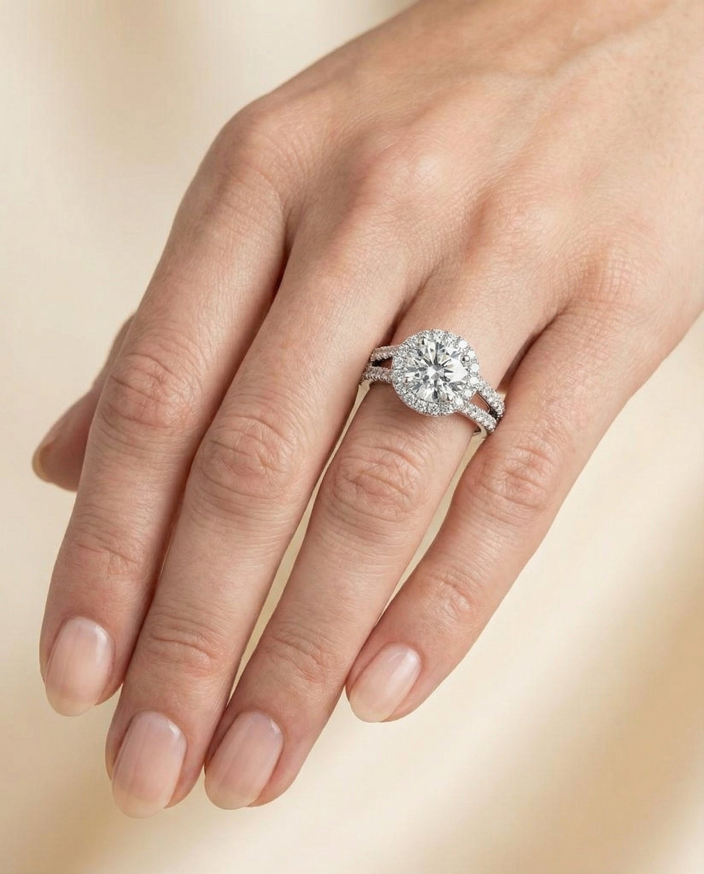 The Celine Select Pavé Halo Split Shank Solitaire Engagement Ring with Lab Diamond in 18K White Gold — view 5