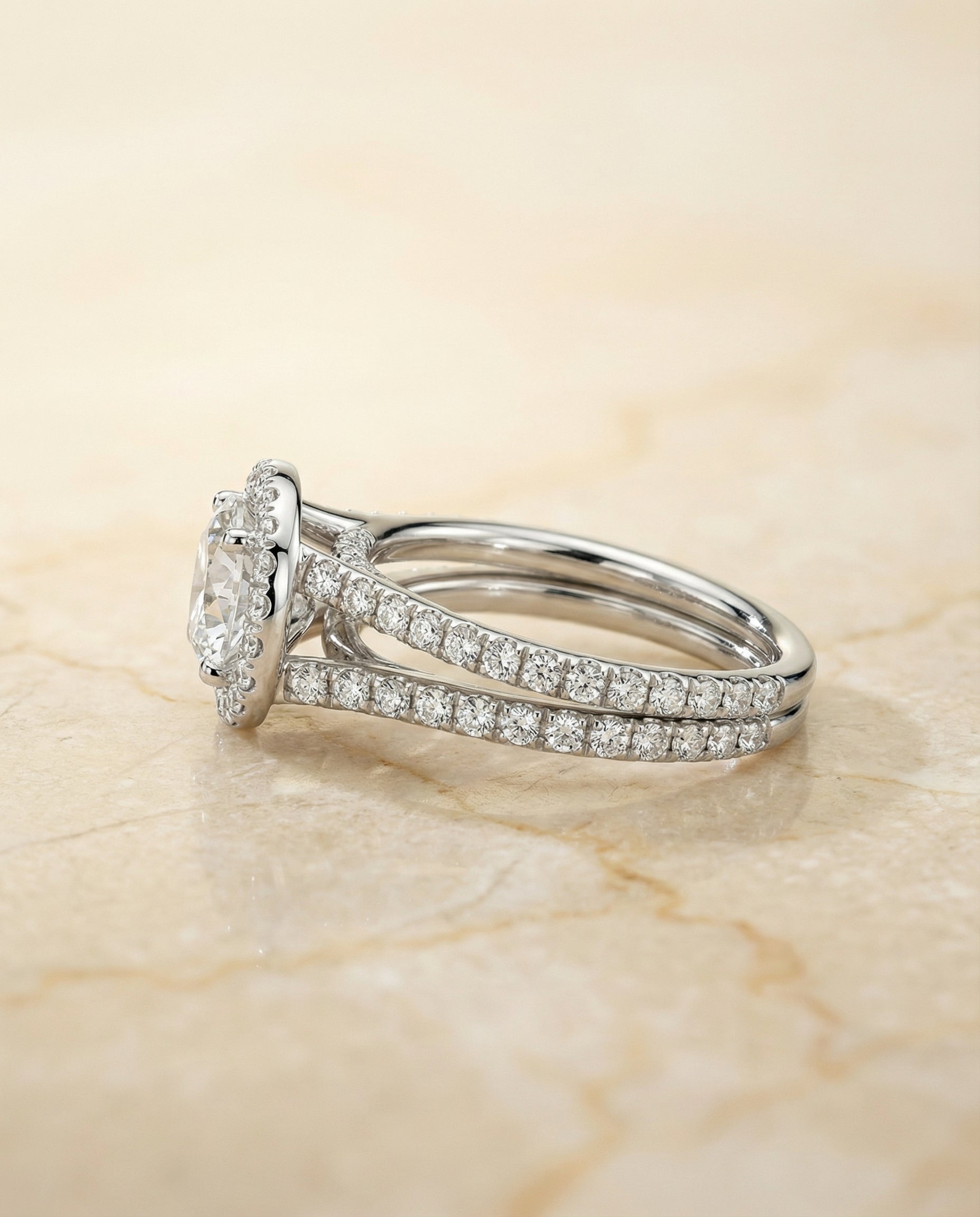Celine Select Pav Halo Split Shank Round Lab Diamond Engagement Ring in Platinum, side view | RockHer