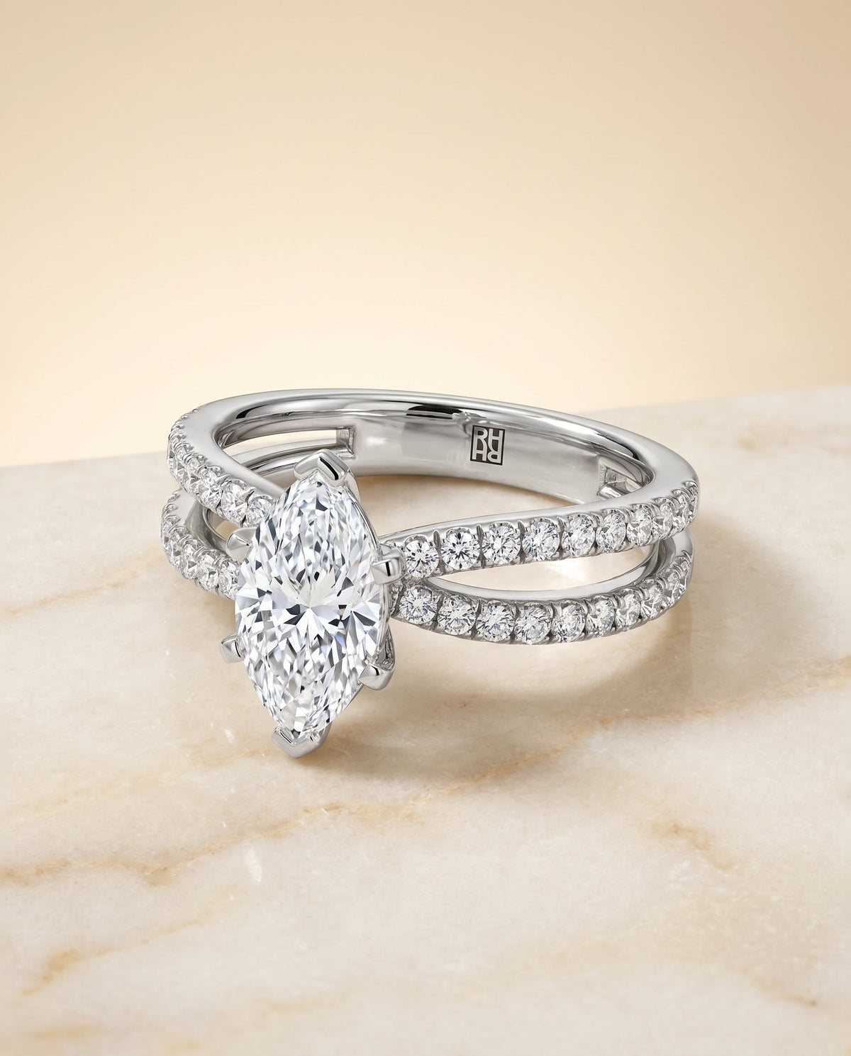 Carole Select Two Row Pavé Split Shank Marquise Lab Diamond Engagement Ring in 18K White Gold, alternate angle | RockHer