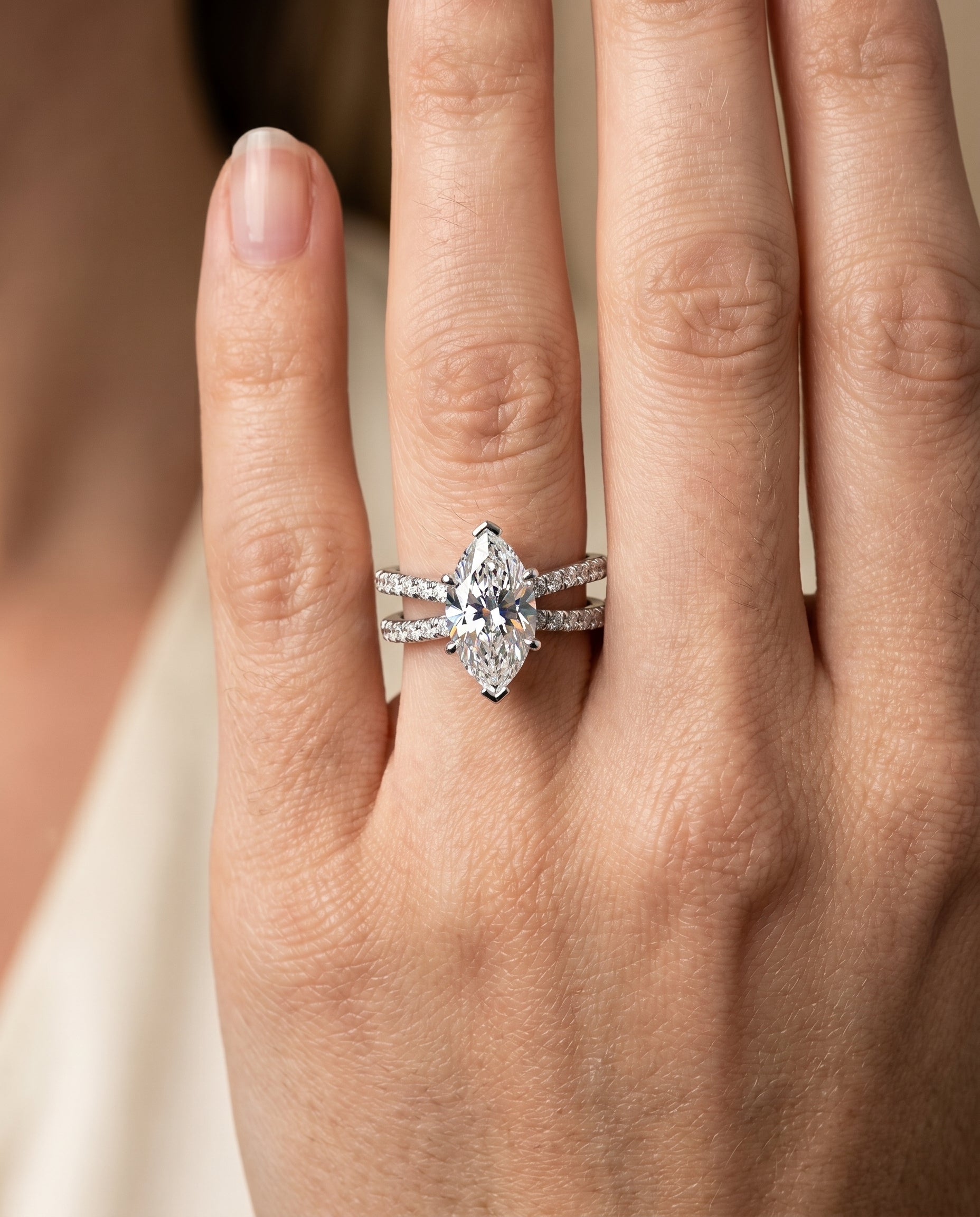 Carole Select Two Row Pavé Split Shank Marquise Lab Diamond Engagement Ring in Platinum, shown on hand | RockHer