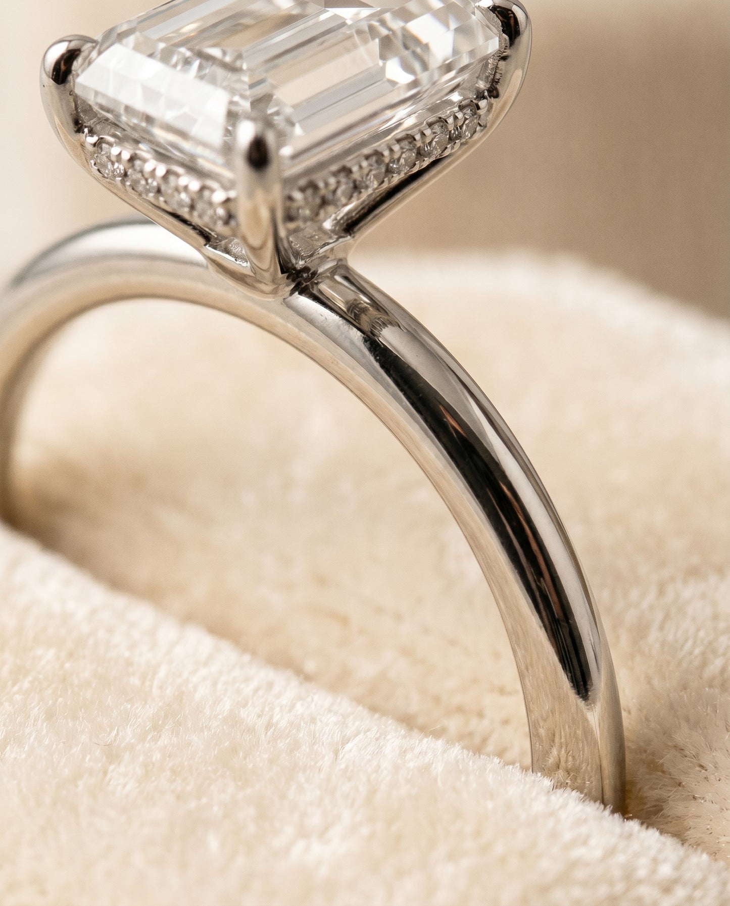 The Eartha Hidden Halo Engagement Ring Setting for Emerald Diamonds in Platinum