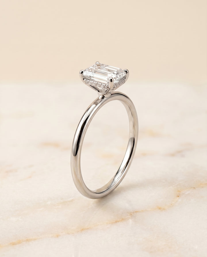 The Eartha Hidden Halo Engagement Ring Setting for Emerald Diamonds in Platinum