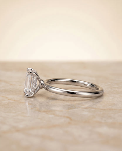 The Eartha Upper Hidden Halo Solitaire Emerald Cut Engagement Ring Setting in 18K White Gold