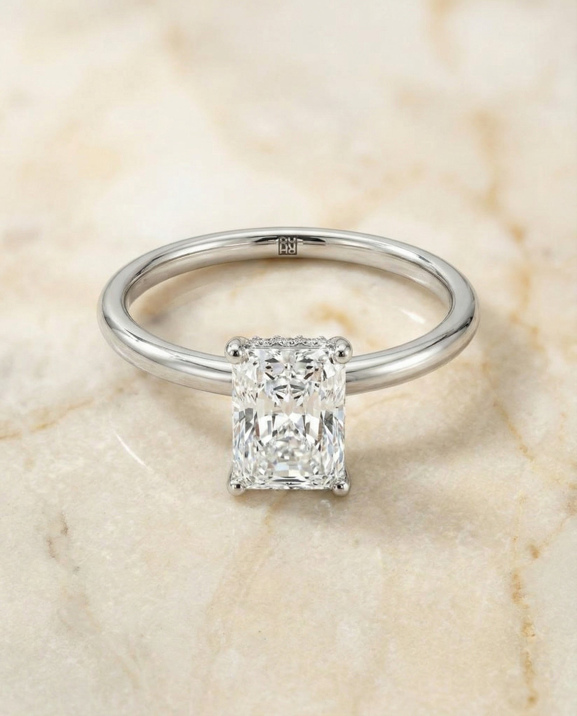 Upper Hidden Halo Solitaire Cut styling on The Eartha radiant engagement ring setting | RockHer