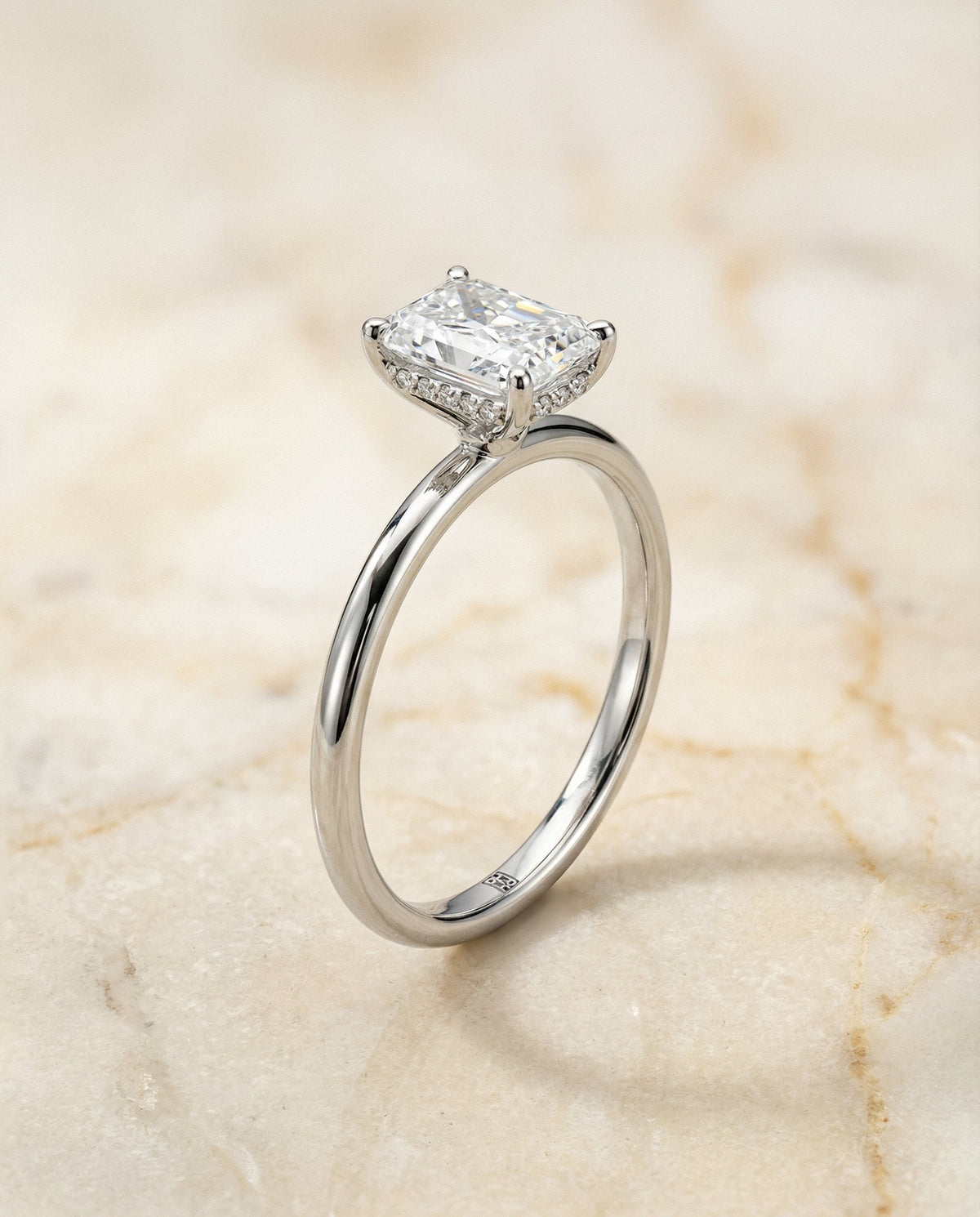 Eartha Select Upper Hidden Halo Solitaire Ra Radiant Cut Lab Diamond Engagement Ring in 18K White Gold, front view | RockHer