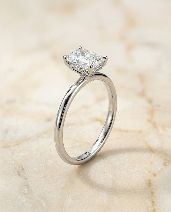 Upper Hidden Halo Solitaire Radiant, in Platinum – front view | RockHer