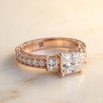 The Helena Vintage Three Stone Princess Cut Engagement Ring Setting in 14K Rose Gold