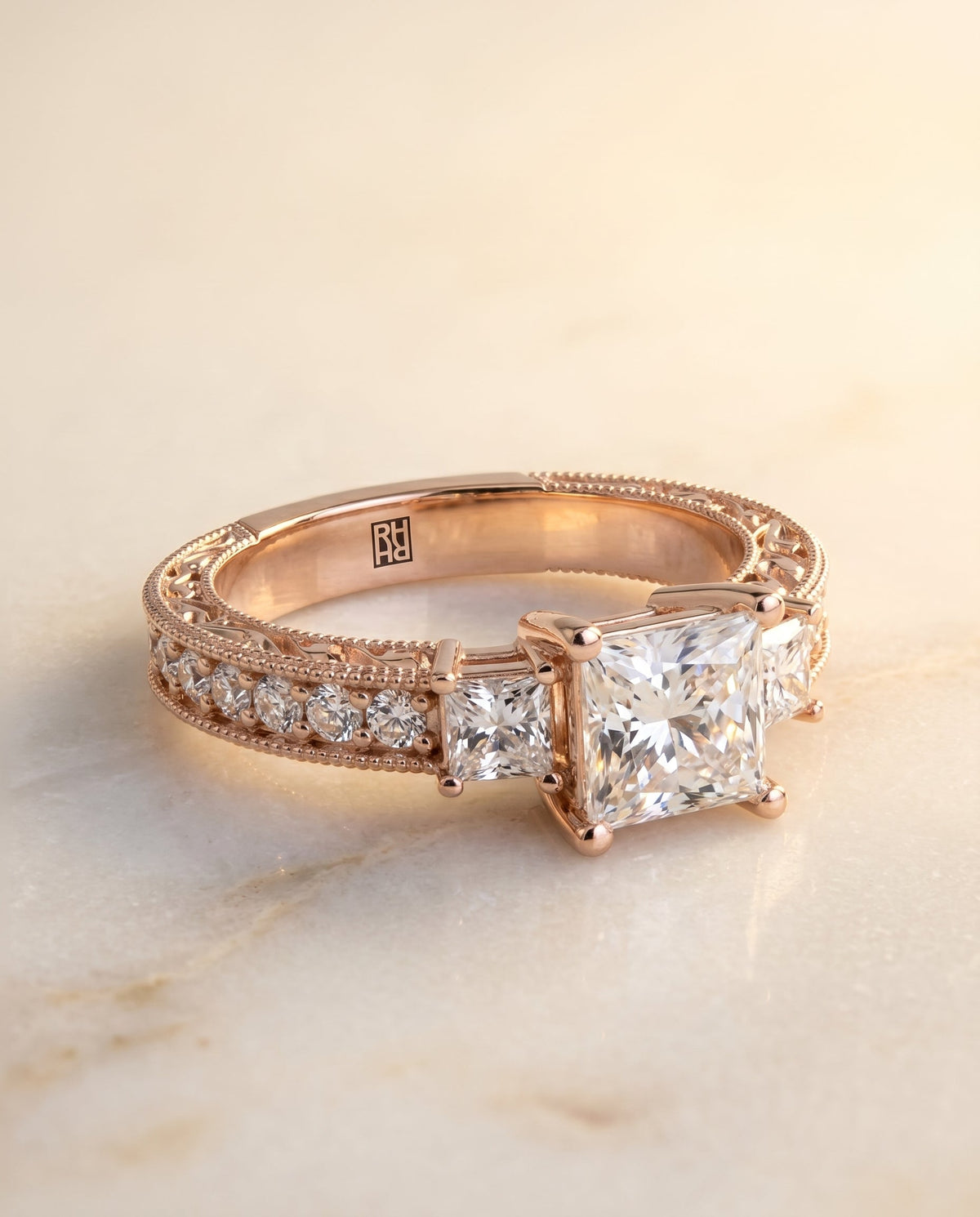Helena Select Vintage Three Stone Princess Cut Lab Diamond Engagement Ring in 14K Rose Gold, alternate angle | RockHer