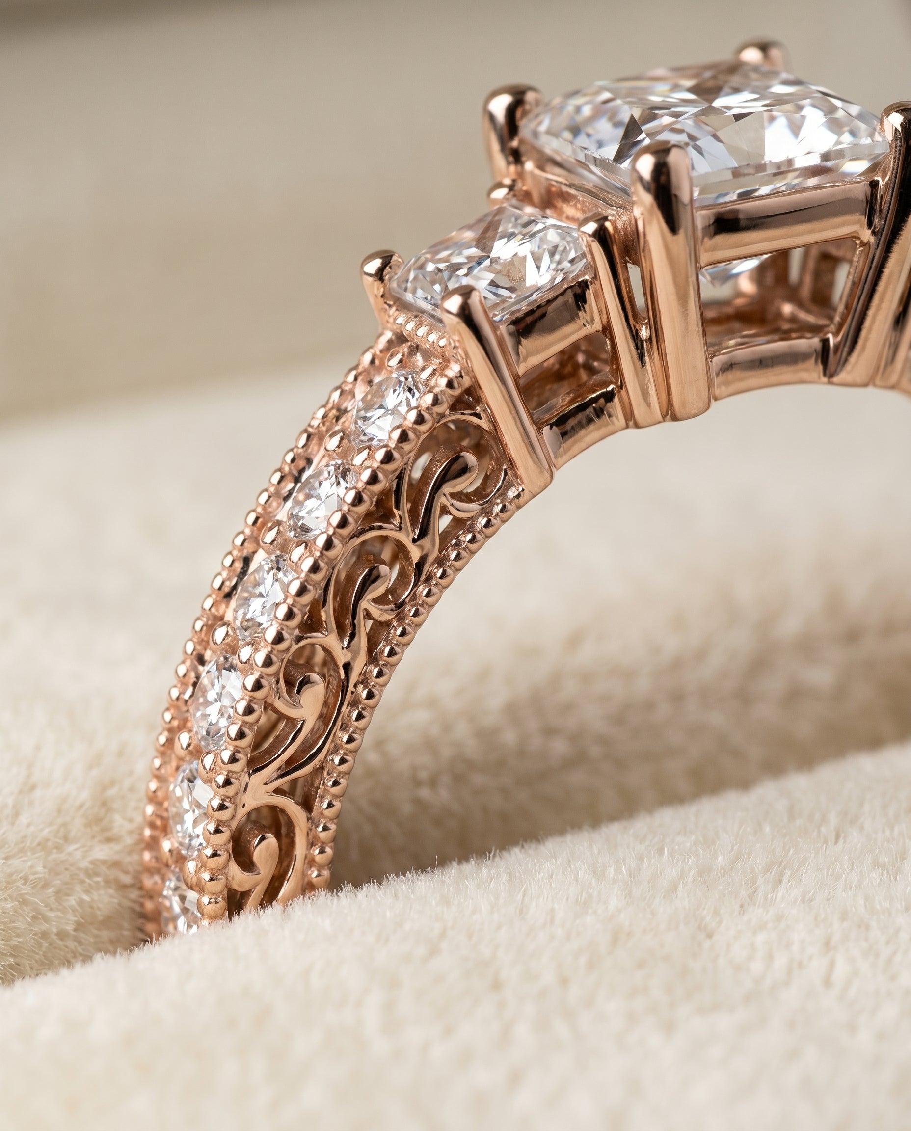 14K Rose Gold band of The Helena princess engagement ring setting | RockHer