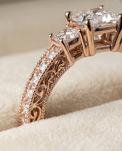 Helena Select Vintage Three Stone Princess Cut Lab Diamond Engagement Ring in 14K Rose Gold, detail view | RockHer