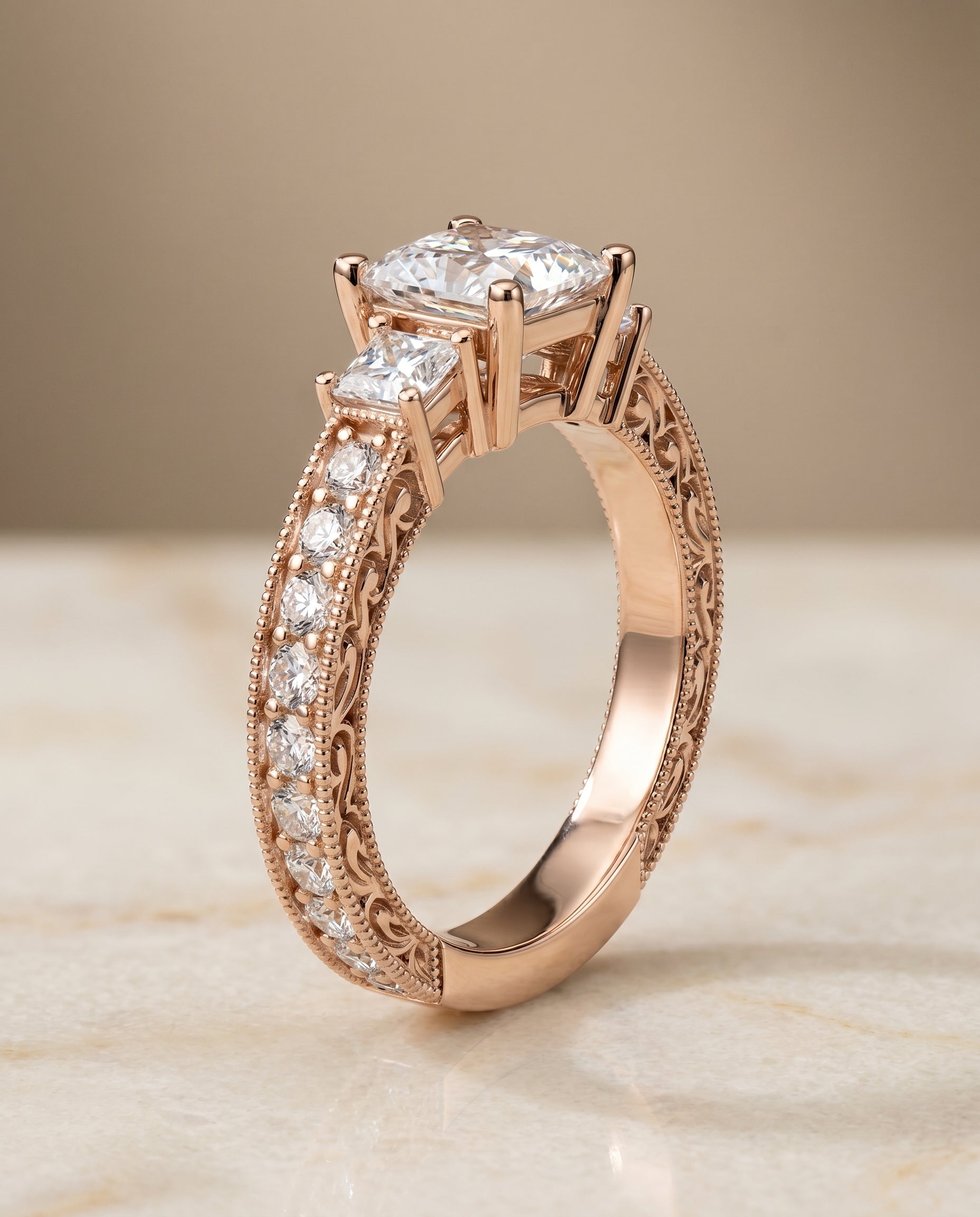 Vintage Three Stone styling on The Helena princess engagement ring setting | RockHer