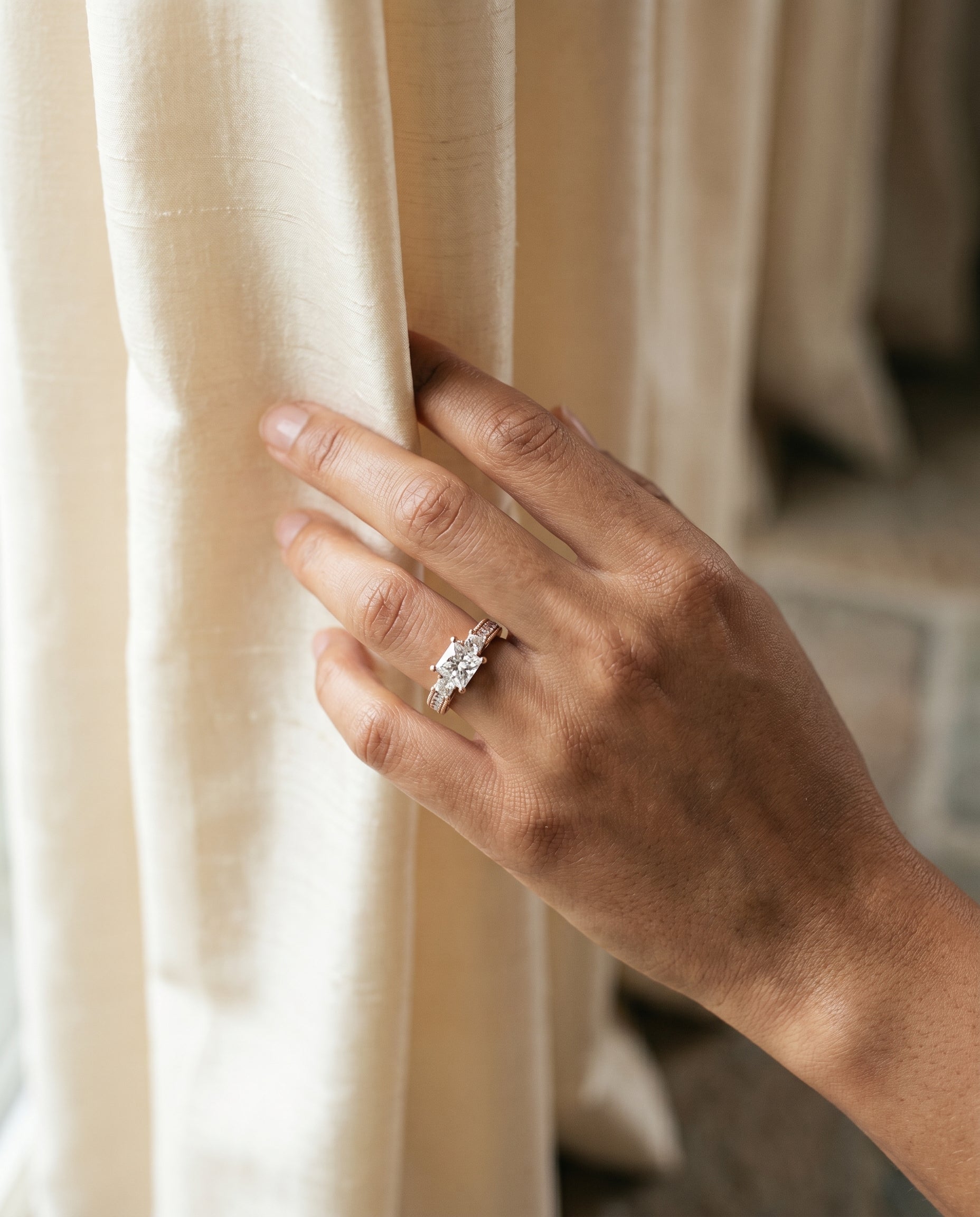 Helena Select Vintage Three Stone Princess Cut Lab Diamond Engagement Ring in 14K Rose Gold, lifestyle | RockHer