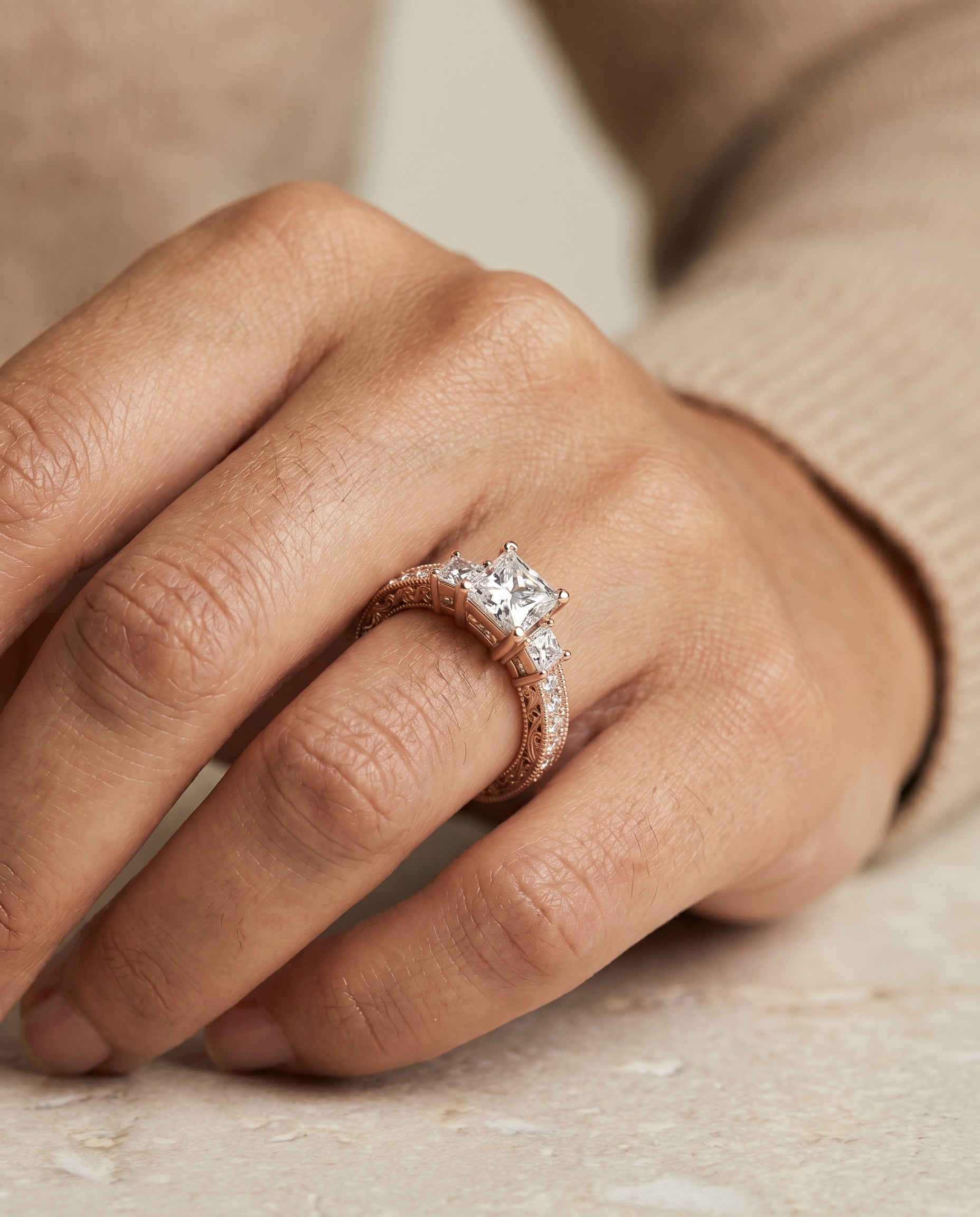The Helena engagement ring setting in 14K Rose Gold, vintage three stone design | RockHer