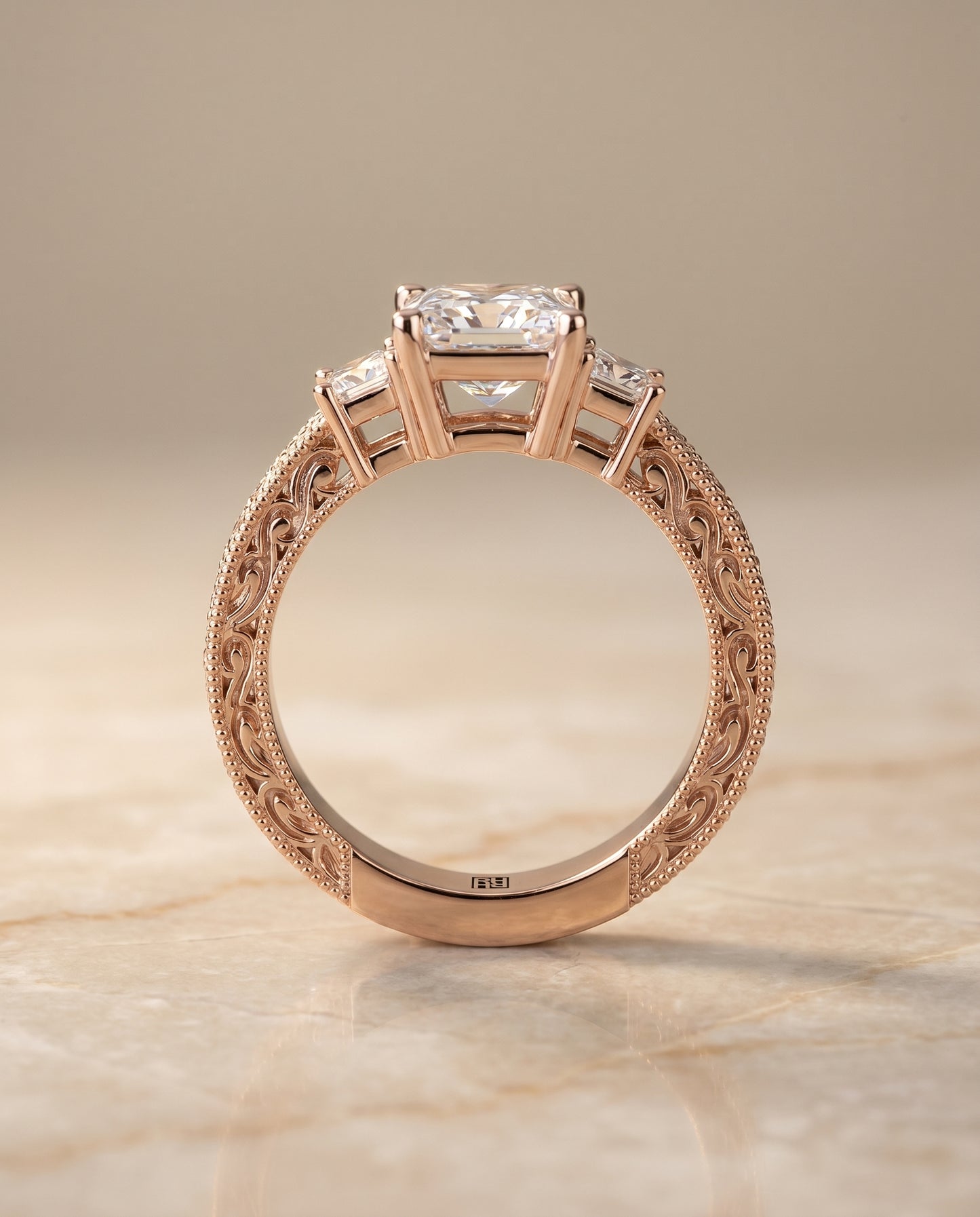 Princess, Vintage Hand-Engraved Three Stone, in 14K Rose Gold, prong setting – side profile | RockHer