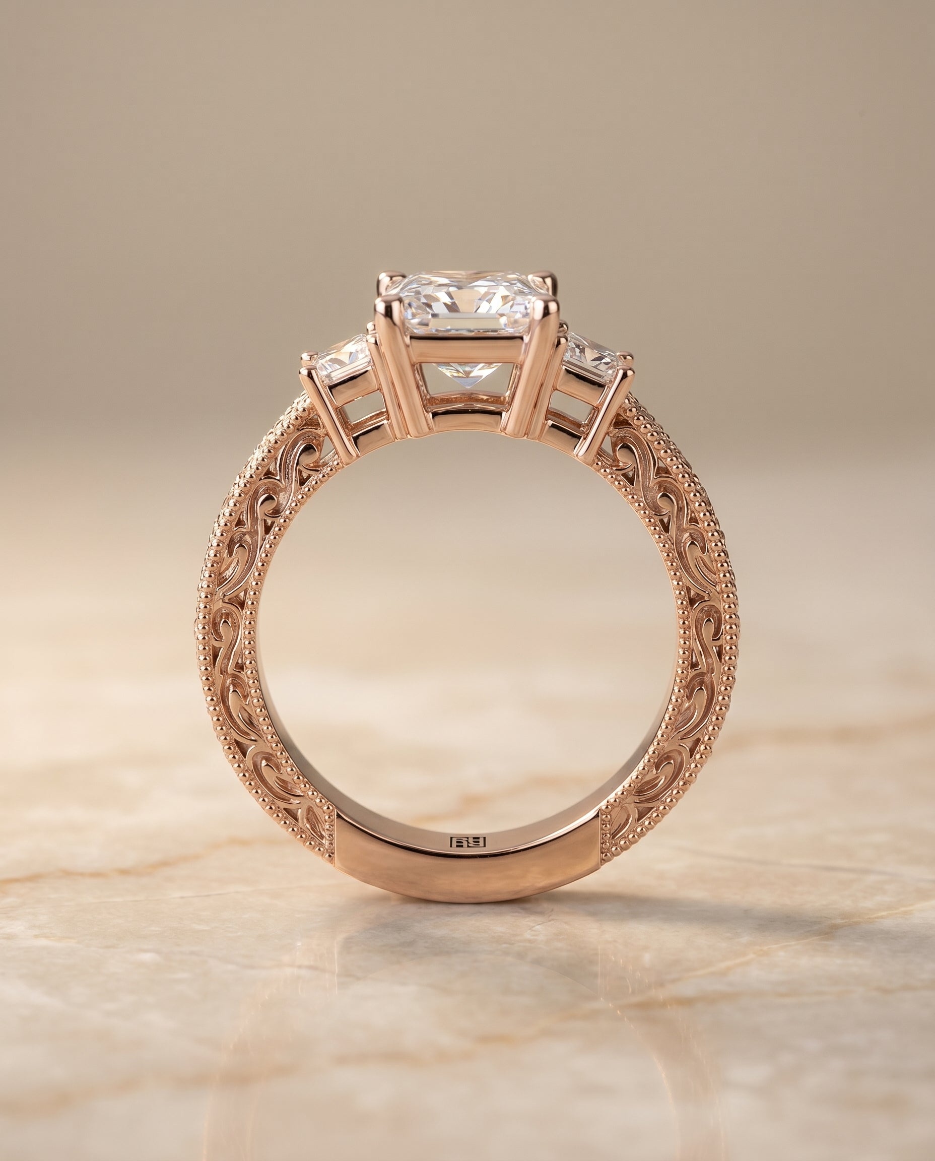 The Helena vintage three stone engagement ring setting, shown in 14K Rose Gold | RockHer
