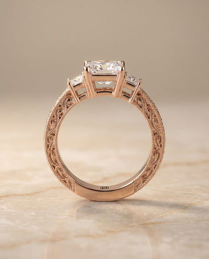 Princess, Vintage Hand-Engraved Three Stone, in 14K Rose Gold, prong setting – side profile | RockHer