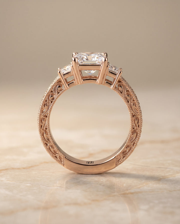 Princess, Vintage Hand-Engraved Three Stone, in 14K Rose Gold, prong setting – side profile | RockHer