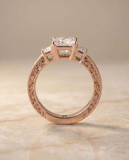 Helena Select Vintage Three Stone Princess Cut Lab Diamond Engagement Ring in 14K Rose Gold, side view | RockHer