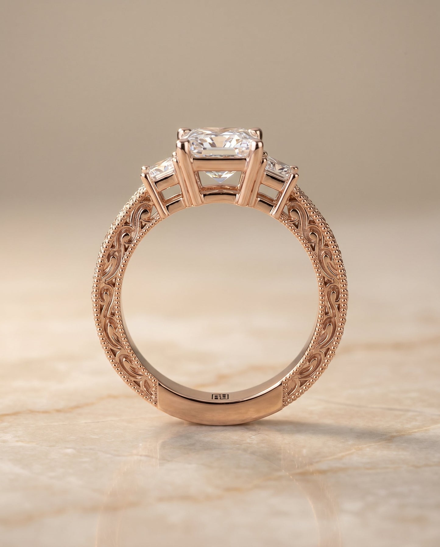 Helena Select Vintage Hand Engraved Three Stone Solitaire in 14K Yellow Gold – view 6