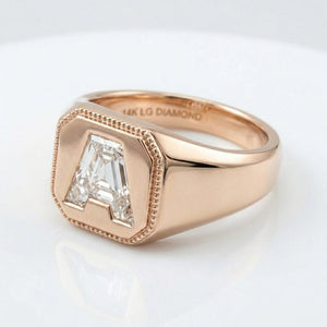 Women's Vintage Milgrain lab-grown diamond letter signet ring in 14K Rose Gold, letter A, product photography