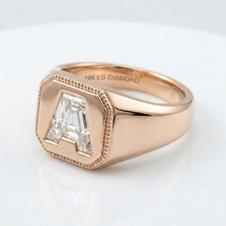 Women's Vintage Milgrain lab-grown diamond letter signet ring in 14K Rose Gold, letter A, product photography