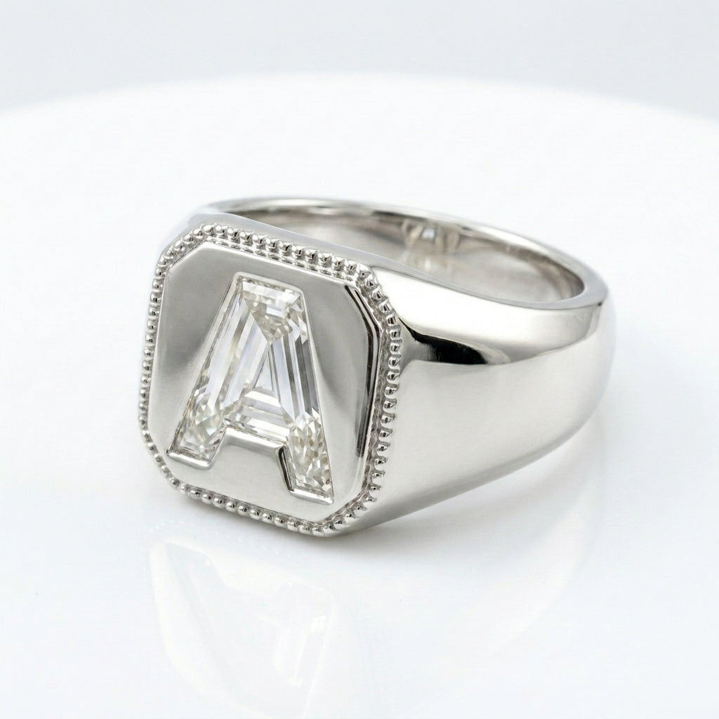 Women's Vintage Milgrain lab-grown diamond letter signet ring in 14K White Gold, letter A, product photography