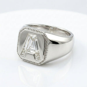 Women's Vintage Milgrain lab-grown diamond letter signet ring in 14K White Gold, letter A, product photography