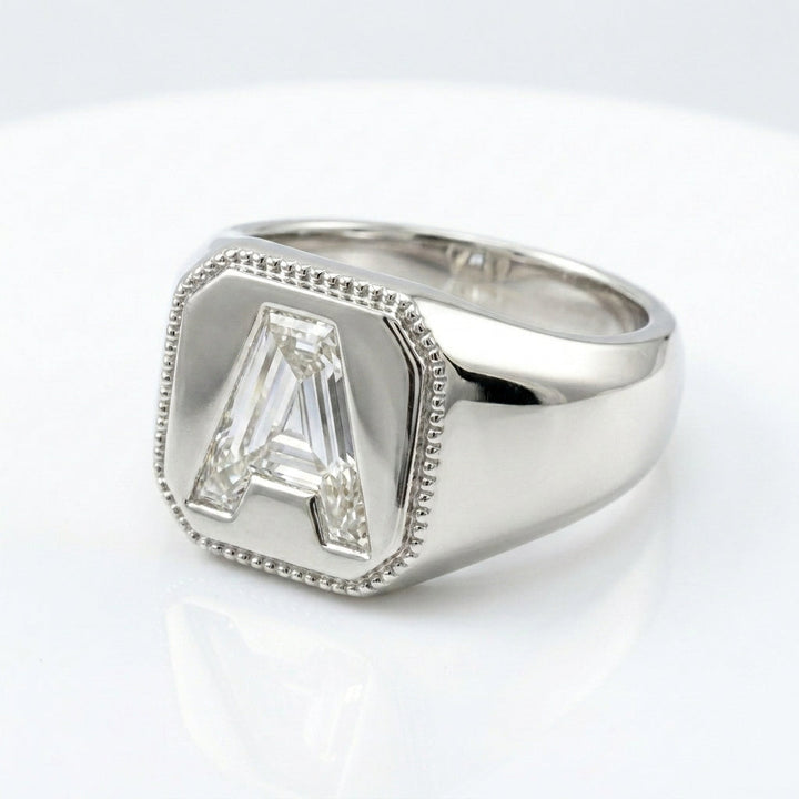 Women's Vintage Milgrain lab-grown diamond letter signet ring in 14K White Gold, letter A, product photography