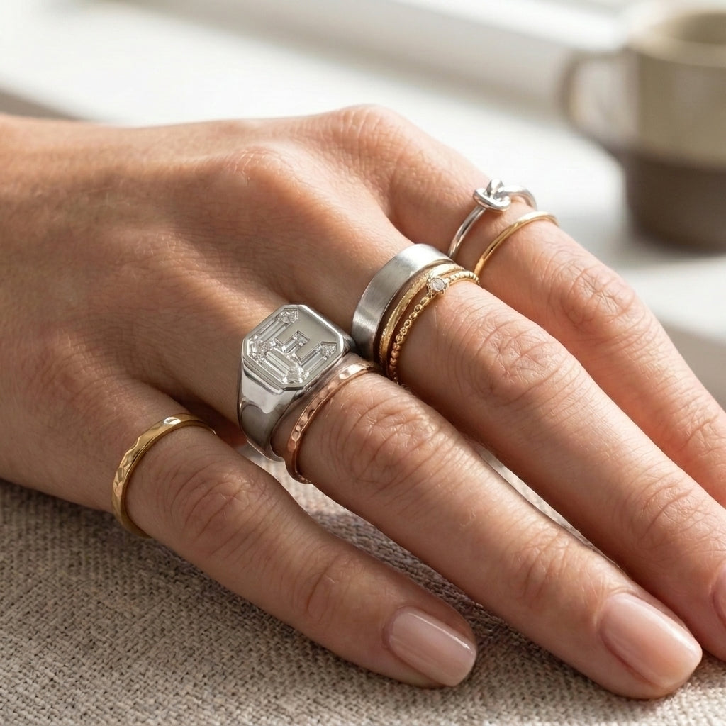 Women's Vintage Milgrain lab-grown diamond letter signet ring in 14K White Gold, letter E, worn on hand