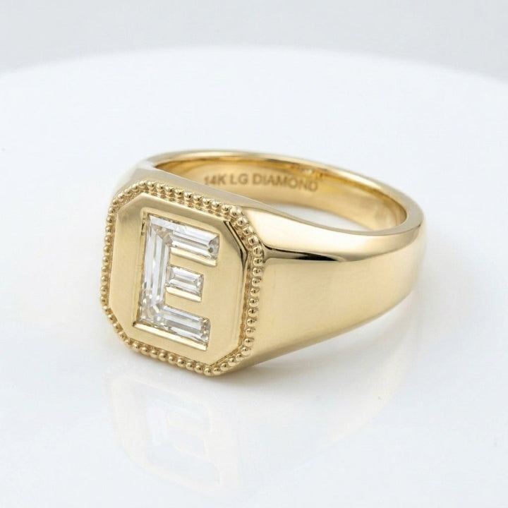 Women's Vintage Milgrain lab-grown diamond letter signet ring in 14K Yellow Gold, letter E, product photography