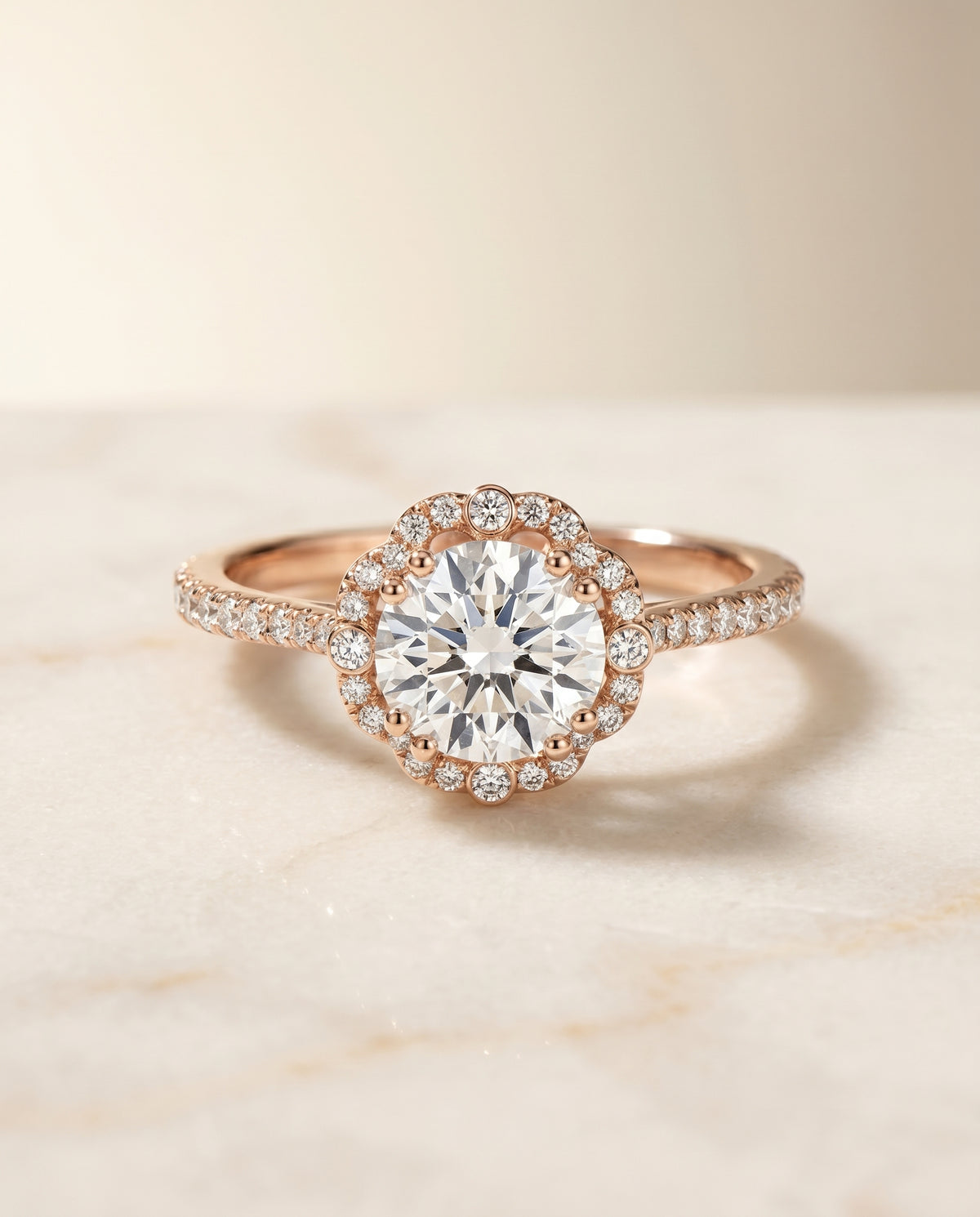 The Florence Scalloped Pavé Halo Engagement Ring Setting for Round Diamonds in 14K Rose Gold | RockHer