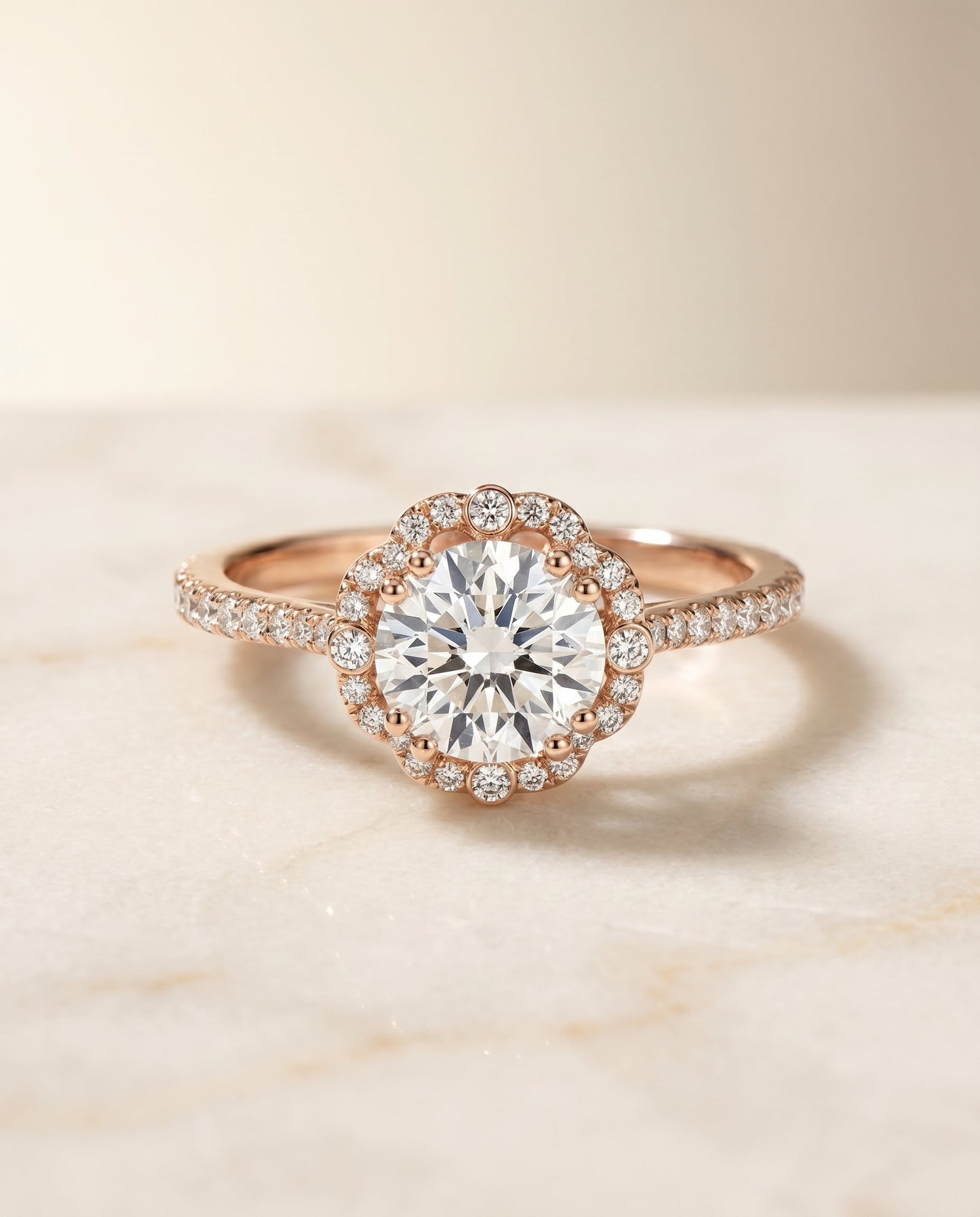 Florence Select Vintage Scalloped Halo Round Lab Diamond Engagement Ring in 14K Rose Gold, alternate angle | RockHer