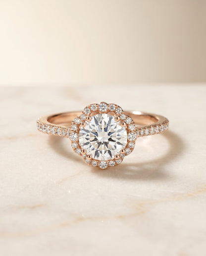 Florence Select Vintage Scalloped Halo Round Lab Diamond Engagement Ring in 14K Rose Gold, alternate angle | RockHer