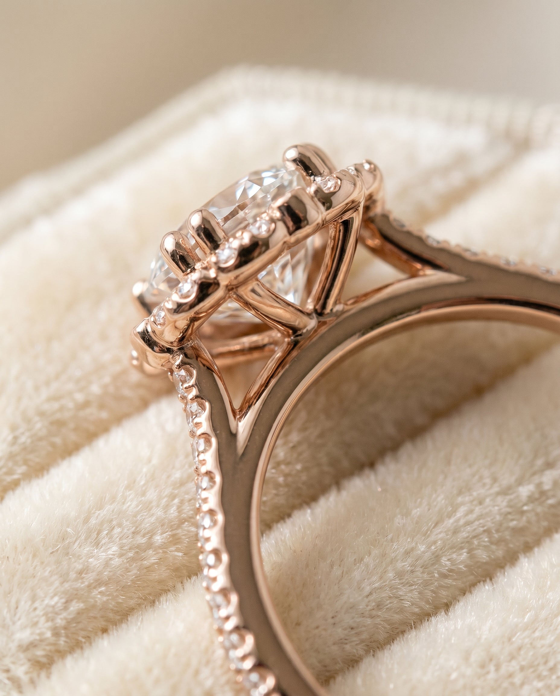 Florence Select Vintage Scalloped Halo Round Lab Diamond Engagement Ring in 14K Rose Gold, detail view | RockHer