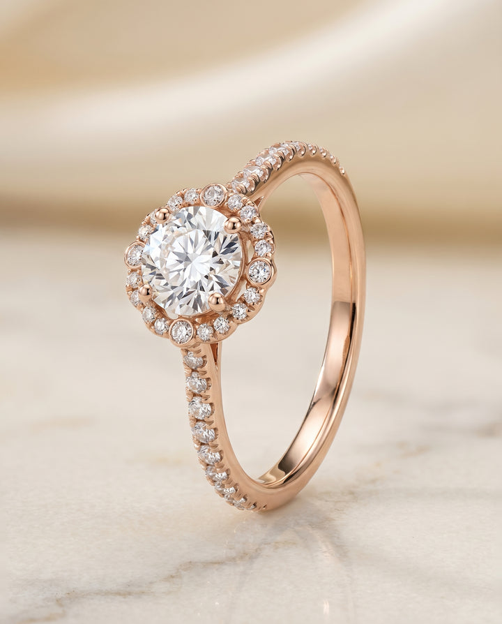 The Florence Scalloped Pavé Halo Engagement Ring Setting for Round Diamonds in 14K Rose Gold
