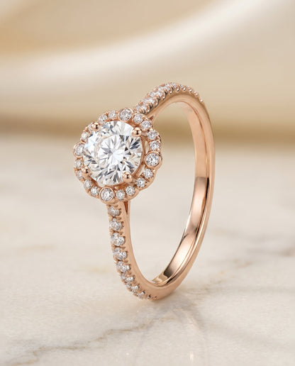 Florence Select Vintage Scalloped Halo Round Lab Diamond Engagement Ring in 14K Rose Gold, front view | RockHer