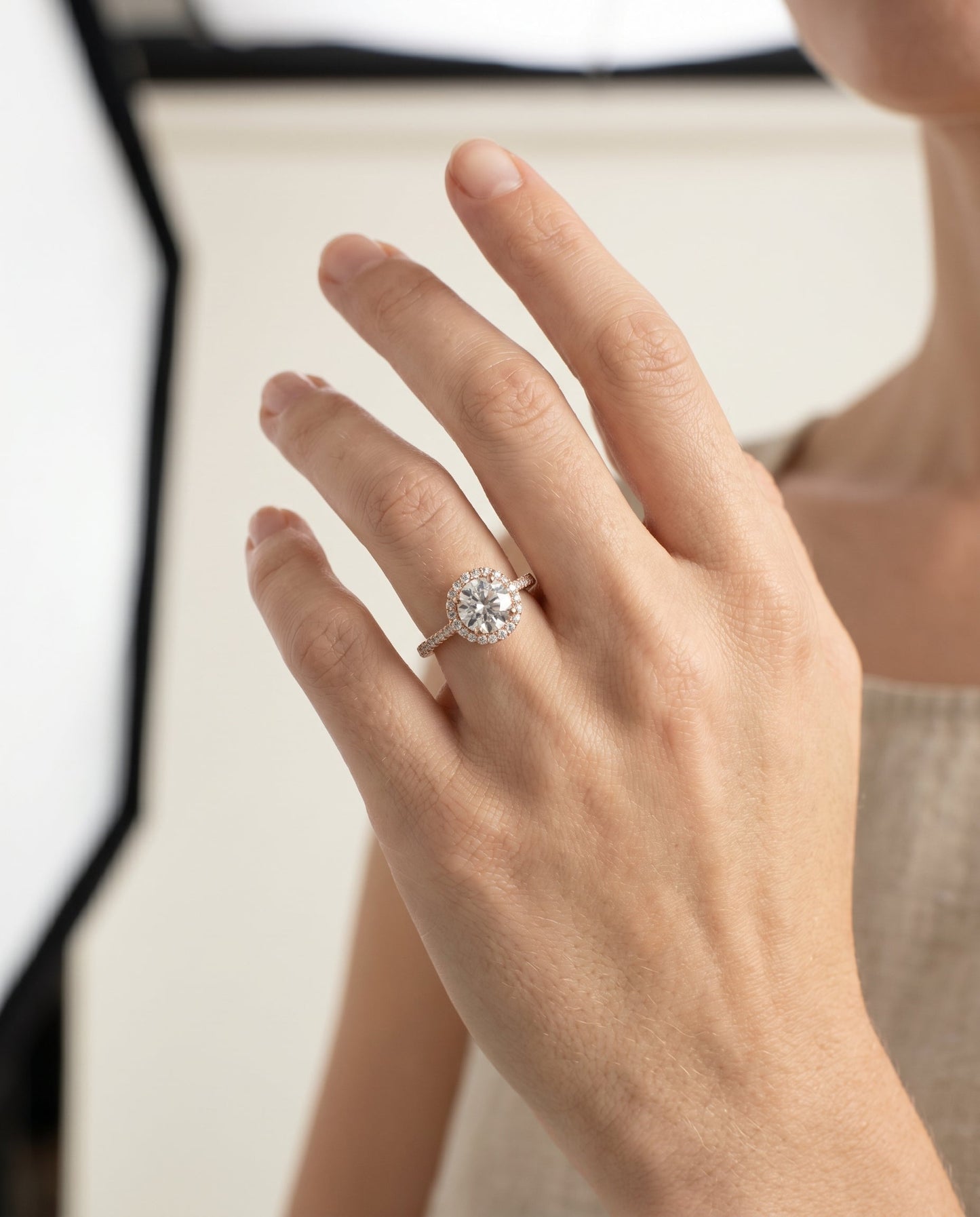 Florence Select Vintage Scalloped Halo Round Lab Diamond Engagement Ring in 14K Rose Gold, shown on hand | RockHer