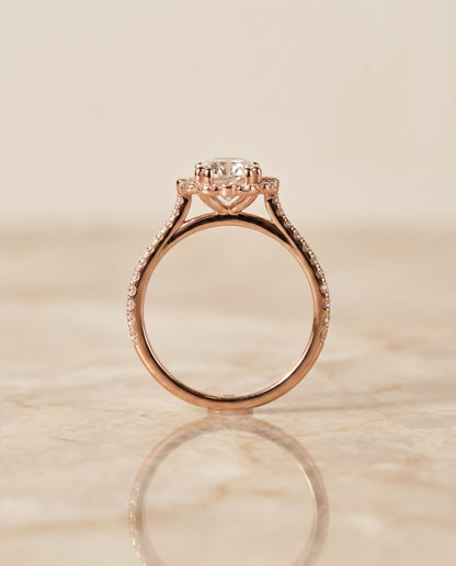 Florence Select Vintage Scalloped Halo Round Lab Diamond Engagement Ring in 14K Rose Gold, side view | RockHer