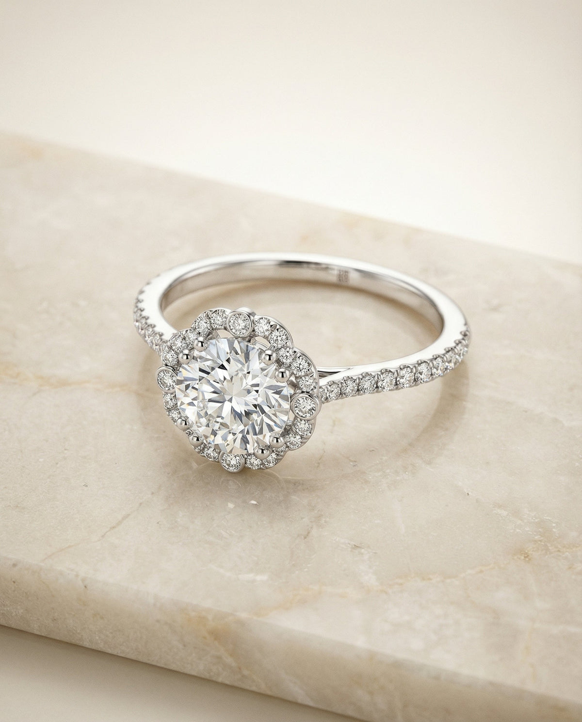 Florence Select Vintage Scalloped Halo Round Lab Diamond Engagement Ring in 18K White Gold, alternate angle | RockHer