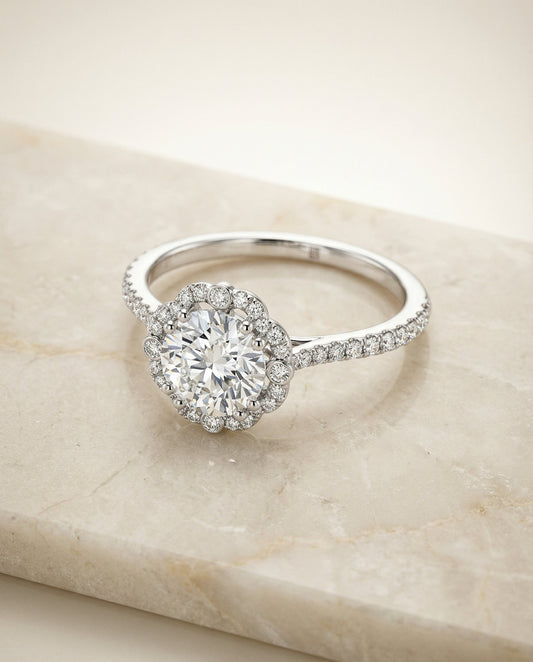 The Florence Select Vintage Scalloped Halo Solitaire Engagement Ring with Lab Diamond in Platinum — view 1