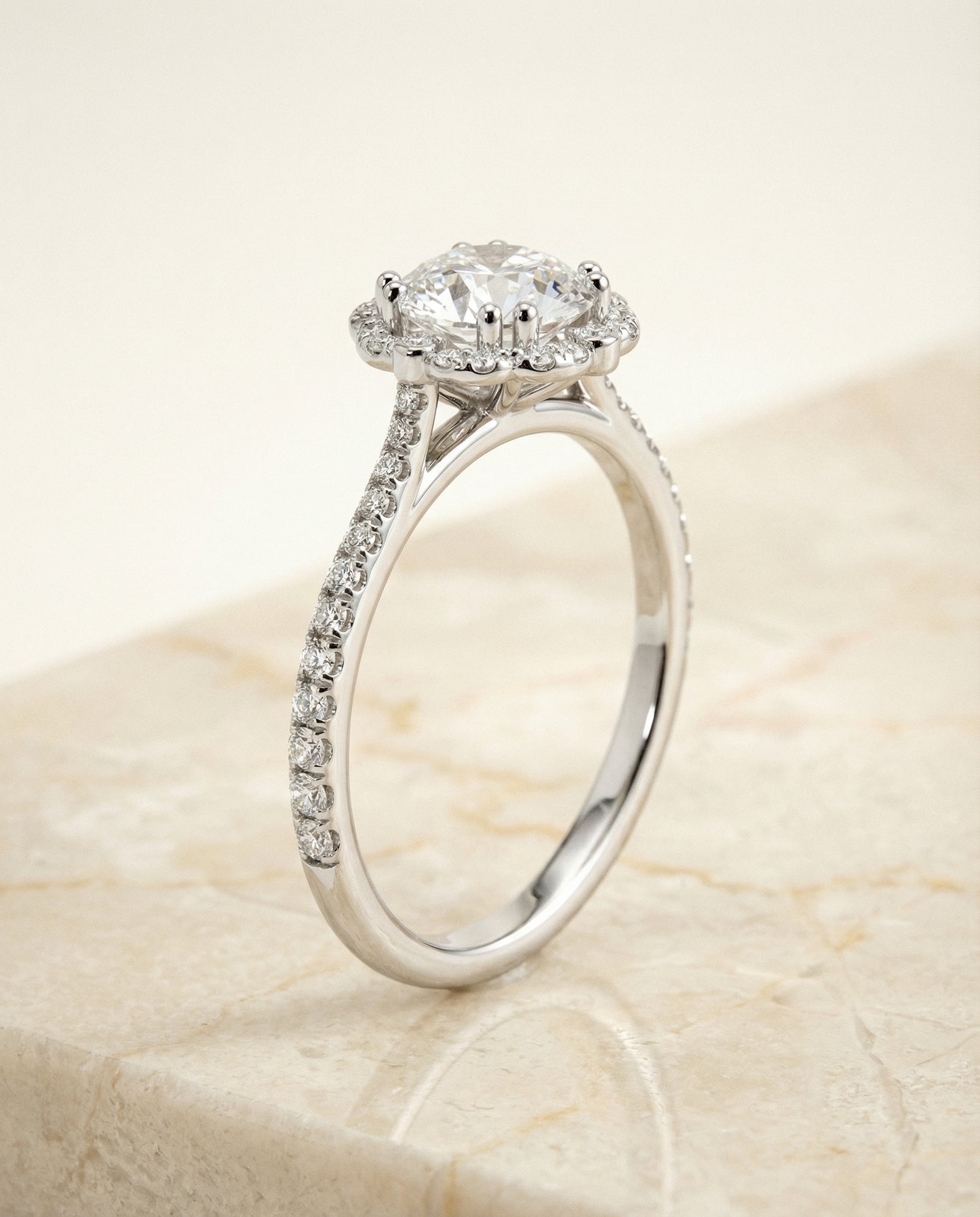 Round Brilliant, Vintage Scalloped Halo, in Platinum, pave setting – front view | RockHer
