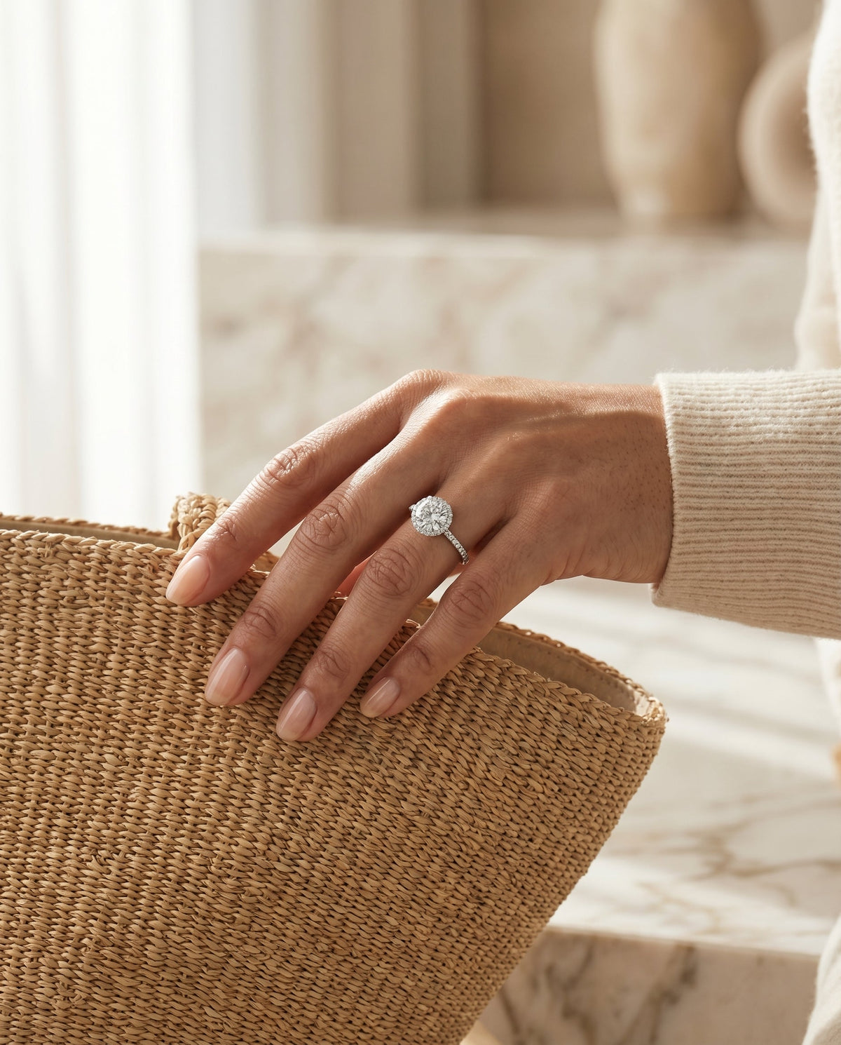Florence Select Vintage Scalloped Halo Round Lab Diamond Engagement Ring in 18K White Gold, lifestyle | RockHer