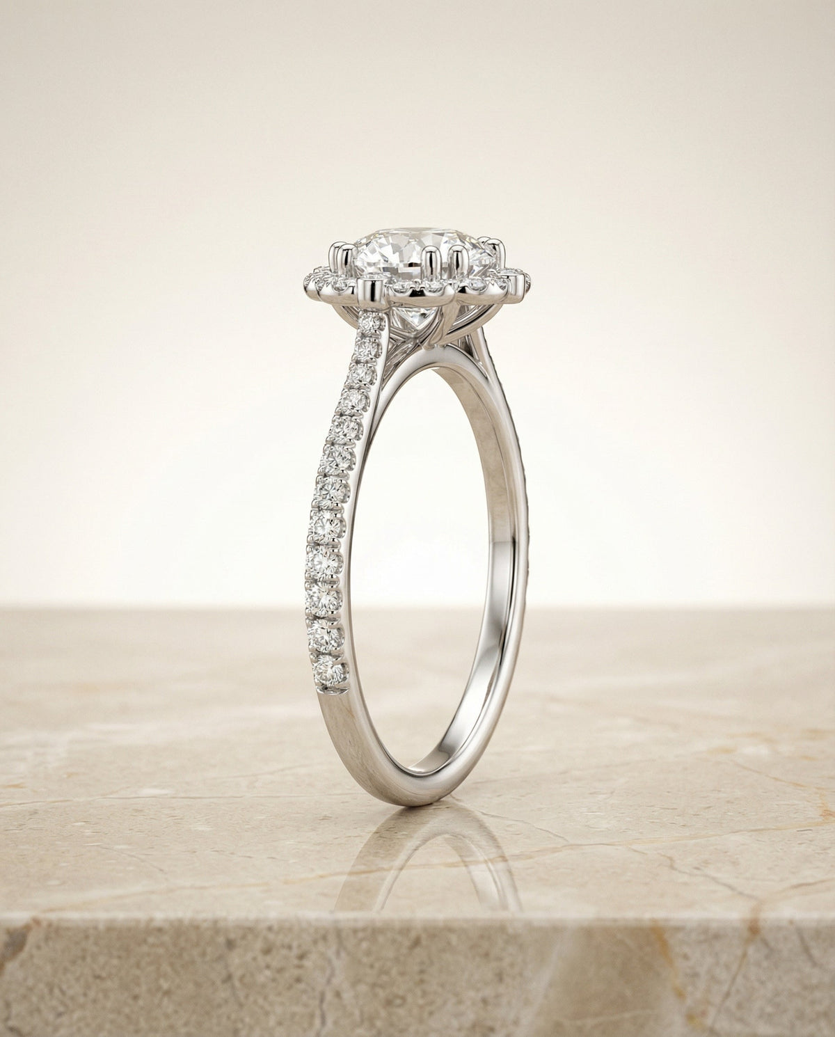 Florence Select Vintage Scalloped Halo Round Lab Diamond Engagement Ring in 18K White Gold, side view | RockHer