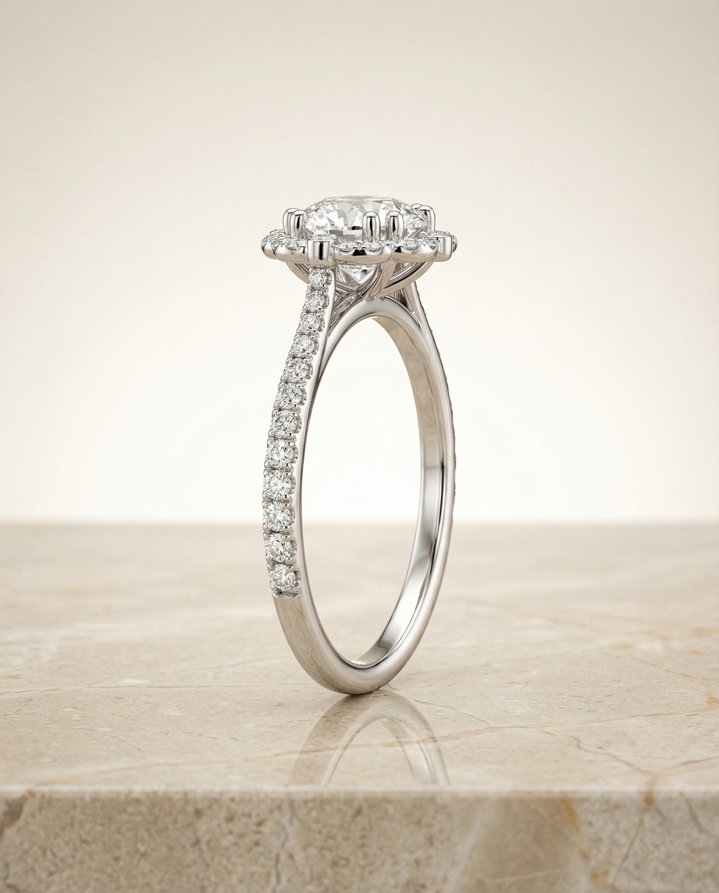 Round Brilliant, Vintage Scalloped Halo, in Platinum, pave setting – side profile | RockHer